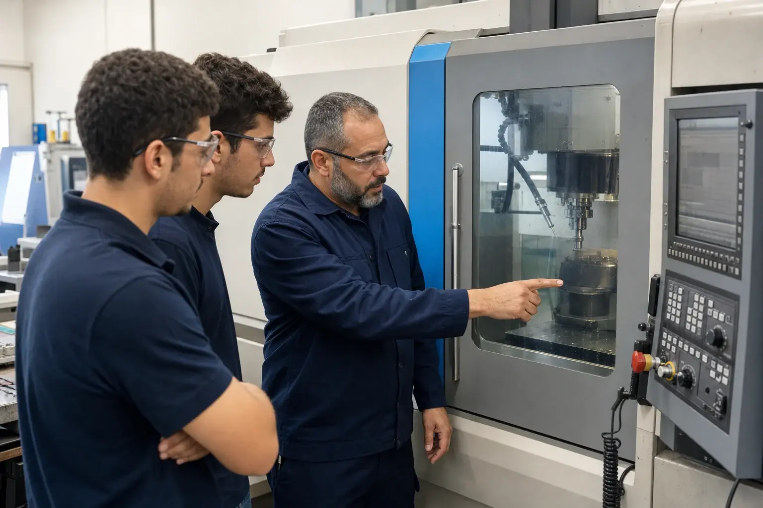 מדריך ושני לומדים ליד מכונת CNC סגורה